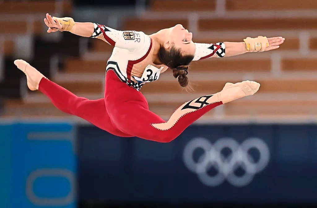 Girl power: Many women gymnasts around the world are starting to wear full-length unitards in competition, like Team Germany’s Pauline Schäfer, pictured here at the 2020 Tokyo Olympics. — Agencies