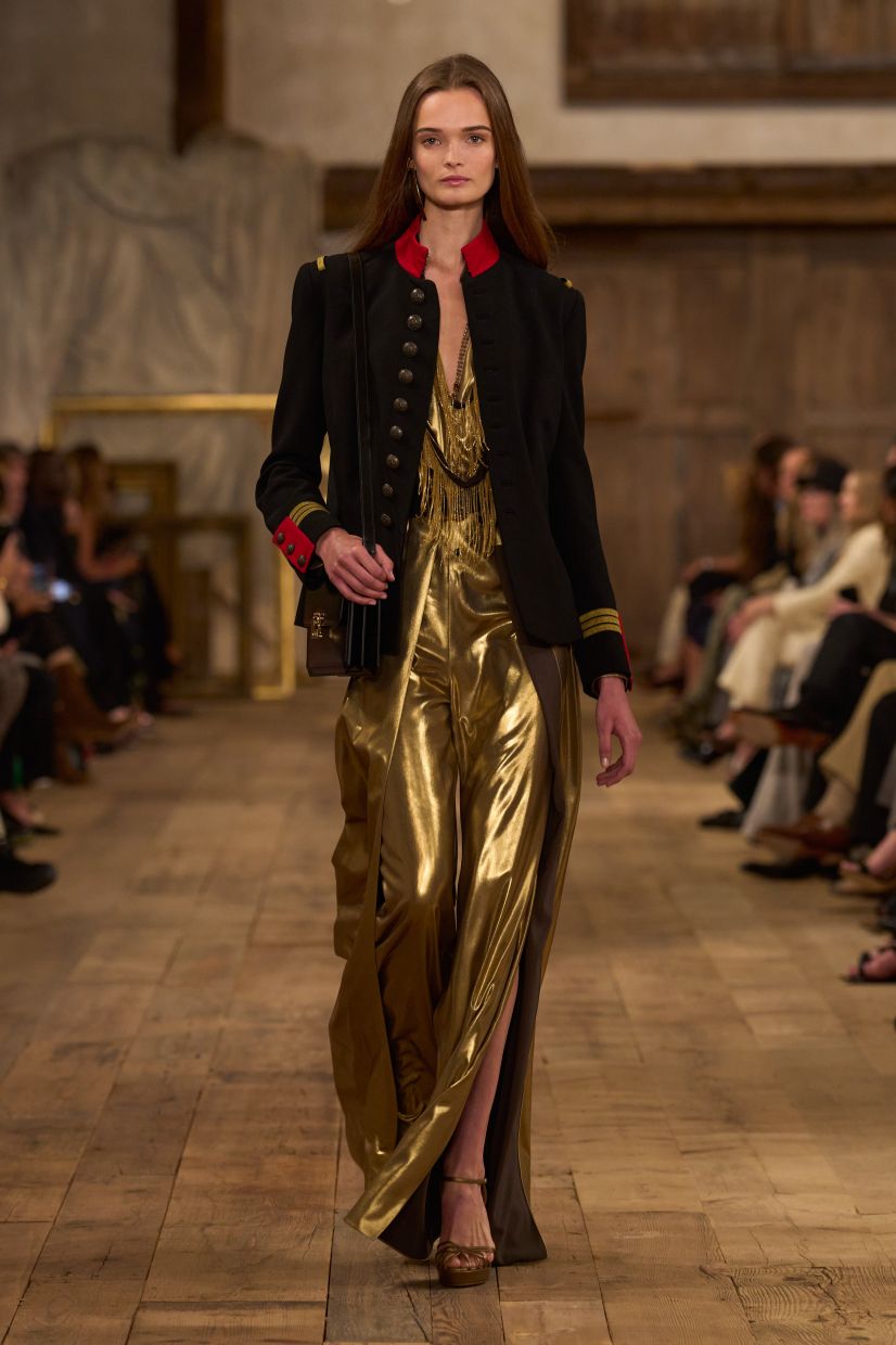 A captivating juxtaposition of glamorous gold lame with a military-style jacket. Photo: Ralph Lauren