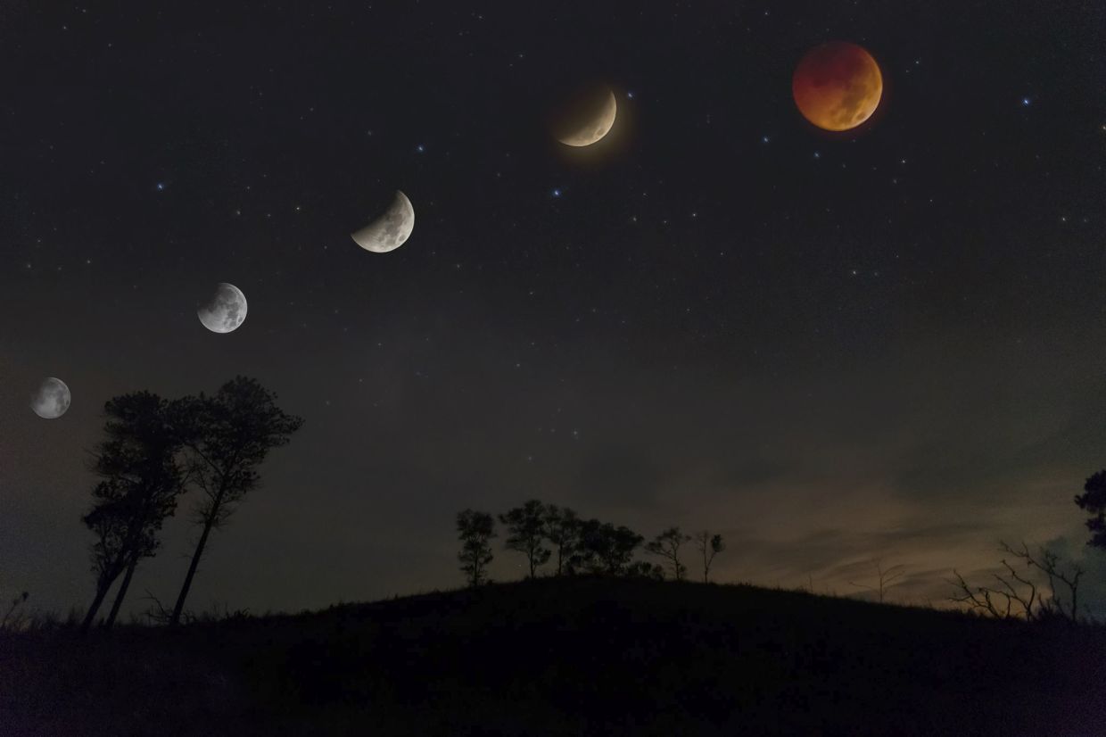 A photo composite of a rare rising moon as it turned red at the peak of the lunar eclipse when Malaysia witnessed the longest eclipse of this century in 2018. This picture was taken in Kudat, Sabah.- Pic by Eddie Chua