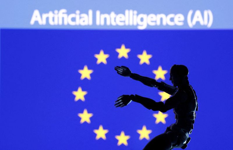 FILE PHOTO AI Artificial intelligence words miniature of robot and EU flag are seen in this illustration taken December 21 2023. REUTERSDado RuvicIllustrationFile Photo