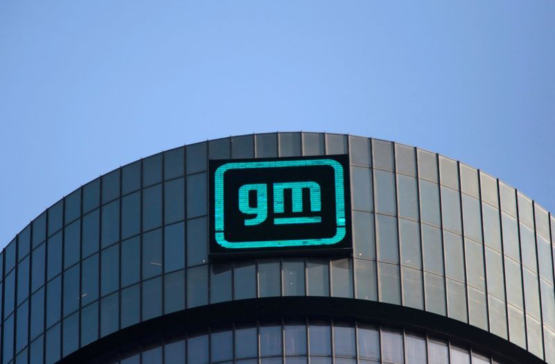 The new GM logo is seen on the facade of the General Motors headquarters in Detroit Michigan U.S. March 16 2021. REUTERSRebecca CookFile Photo