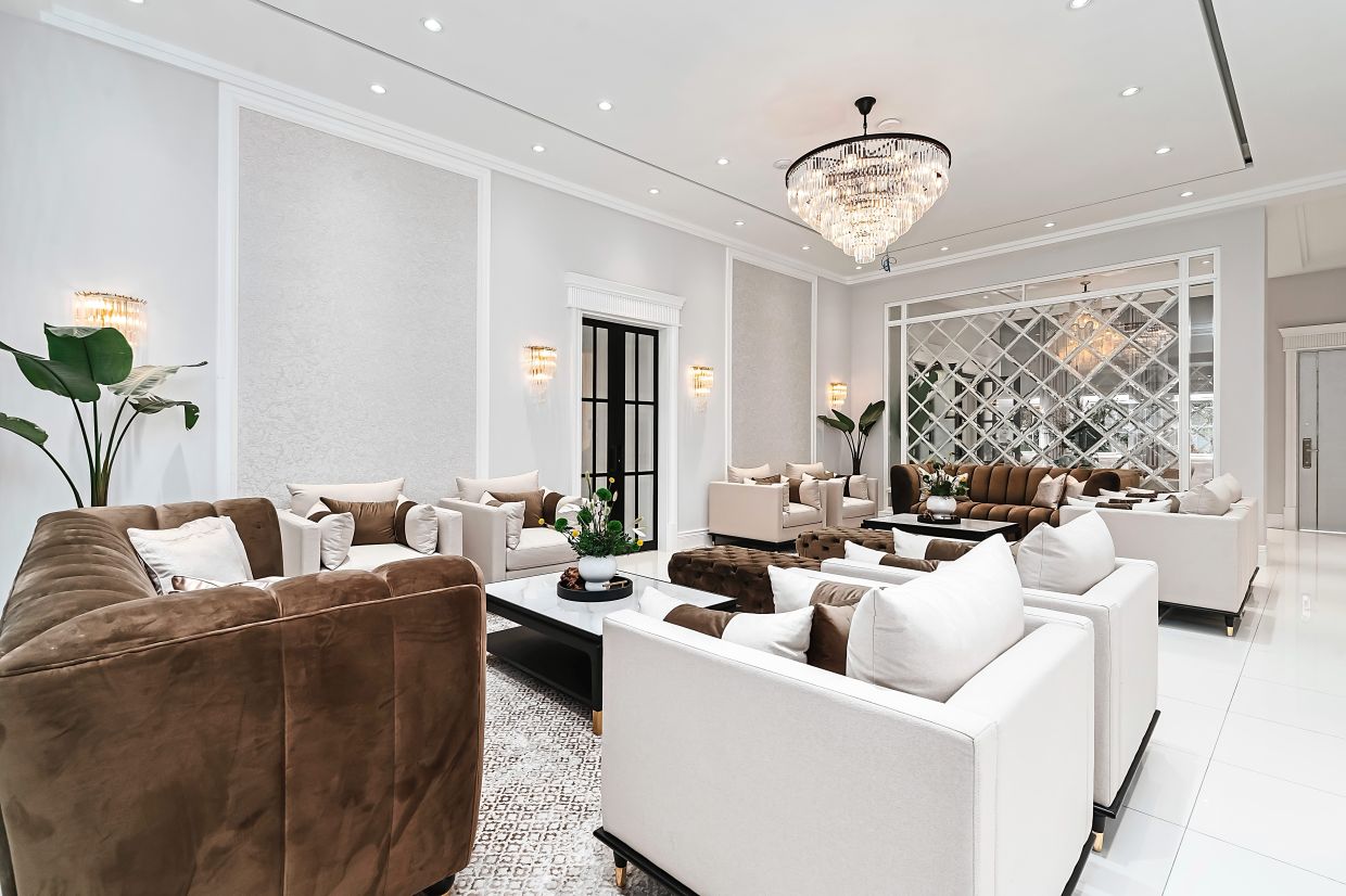 The all-white formal sitting room is the designer’s favourite space.