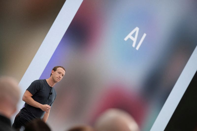 FILE PHOTO Meta CEO Mark Zuckerberg delivers a speech as the letters AI for artificial intelligence appear on screen at the Meta Connect event at the companys headquarters in Menlo Park California U.S. September 27 2023. REUTERSCarlos BarriaFile Photo