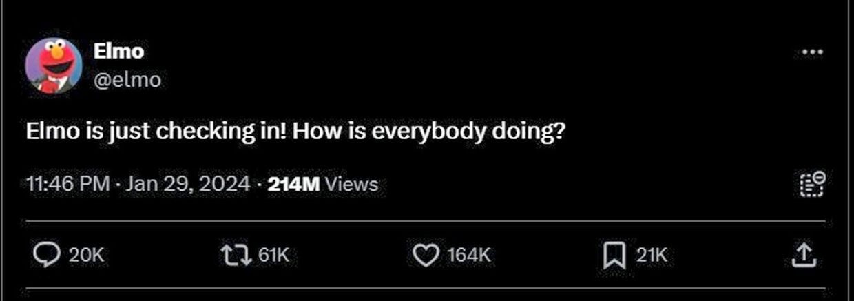 A screenshot of the tweet posted on Elmo’s X account that was met with an overwhelming response.