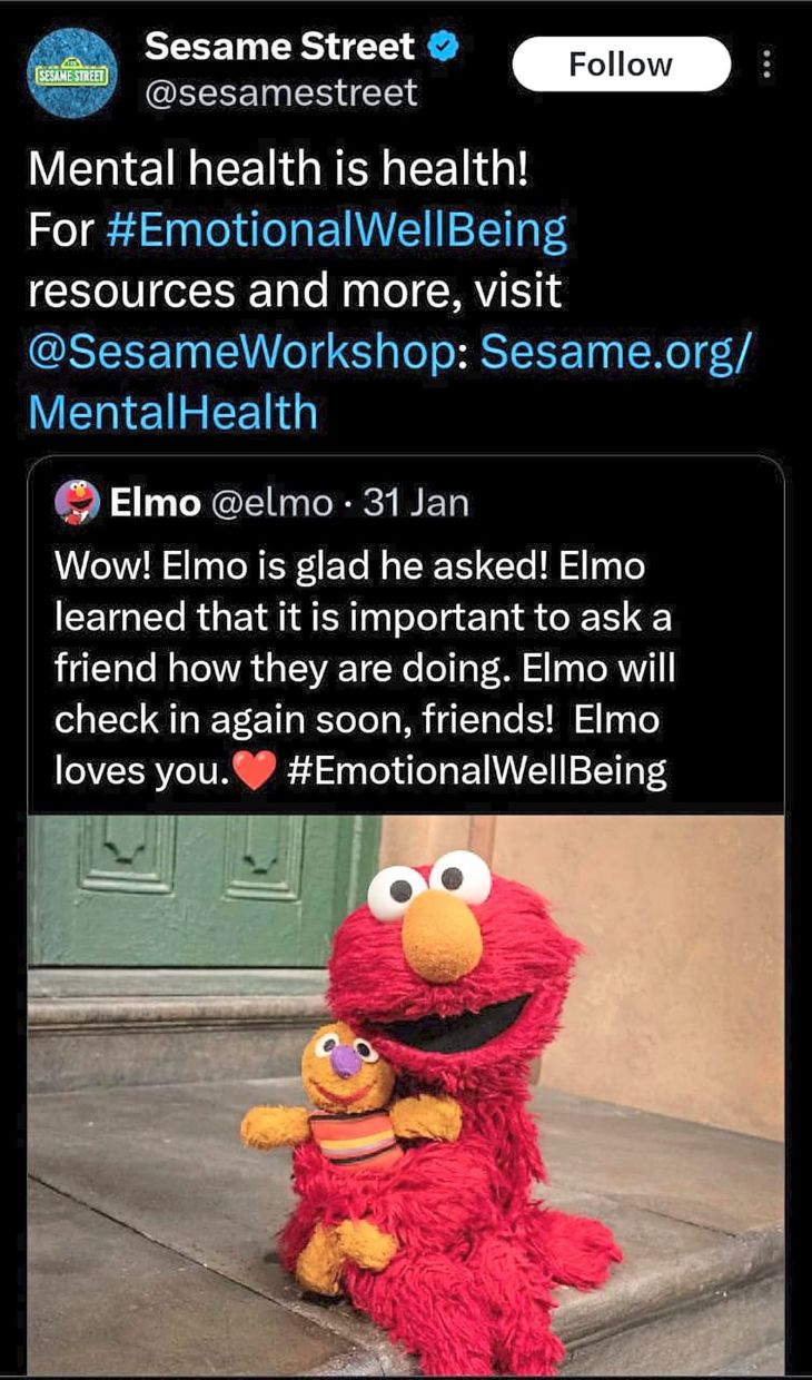 A screenshot of a follow-up tweet on Sesame Street and Elmo’s X accounts after the responses the initial tweet received.