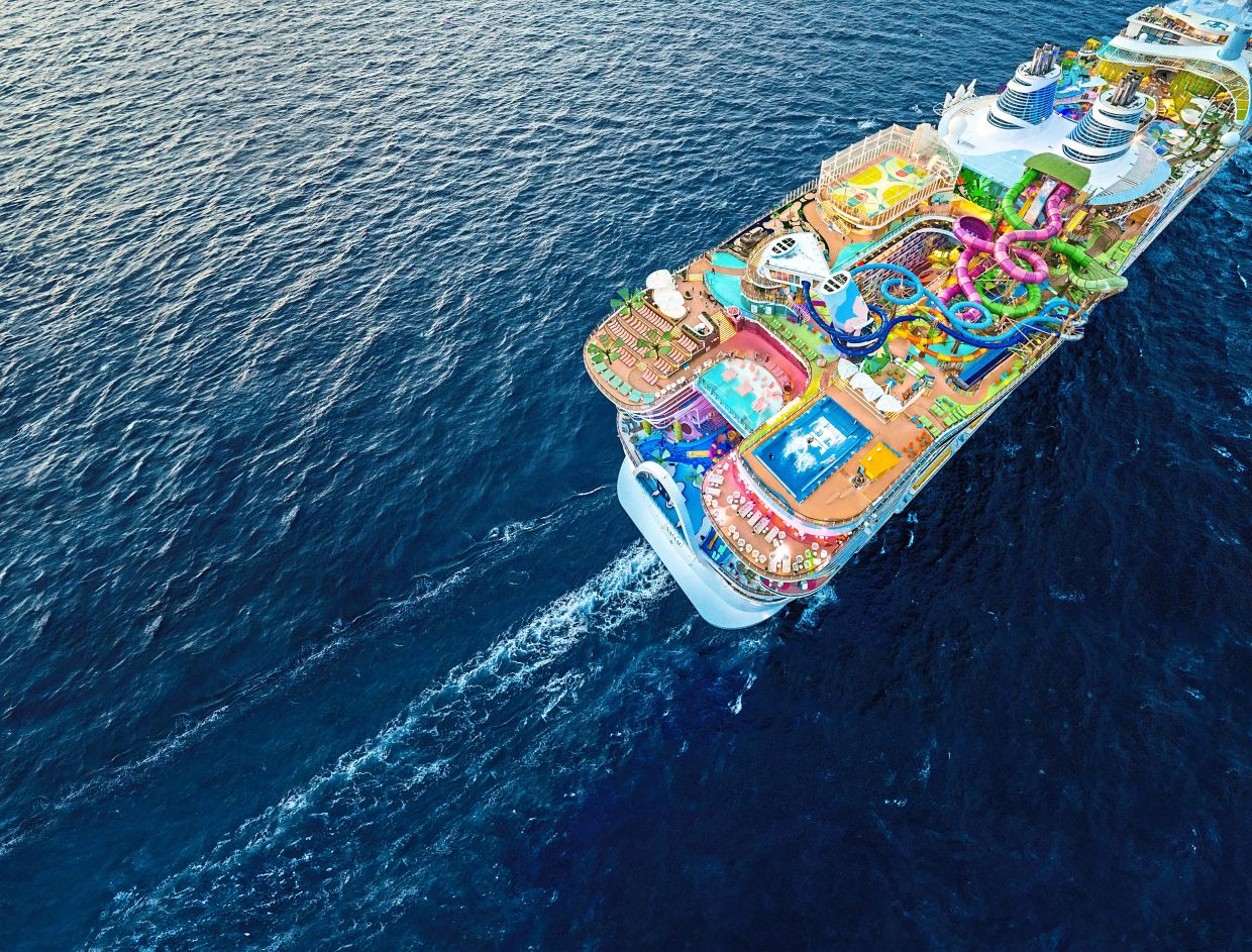 An aerial view of Icon Of The Seas the worlds largest cruise ship Royal Caribbean International