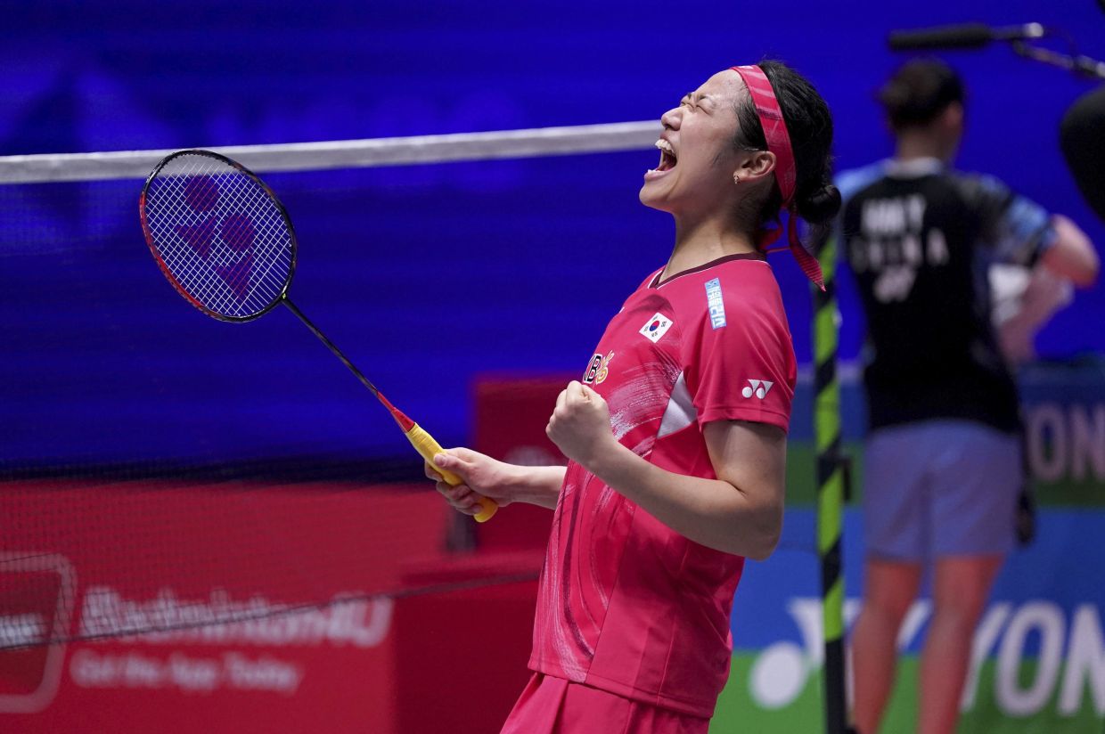 South Korea's An Se-young celebrates victory following her Women's Singles quarter final against China's Han Yue on day four of the YONEX All England Open Badminton Championships at the Utilita Arena Birmingham, Friday March 15, 2024. - AP