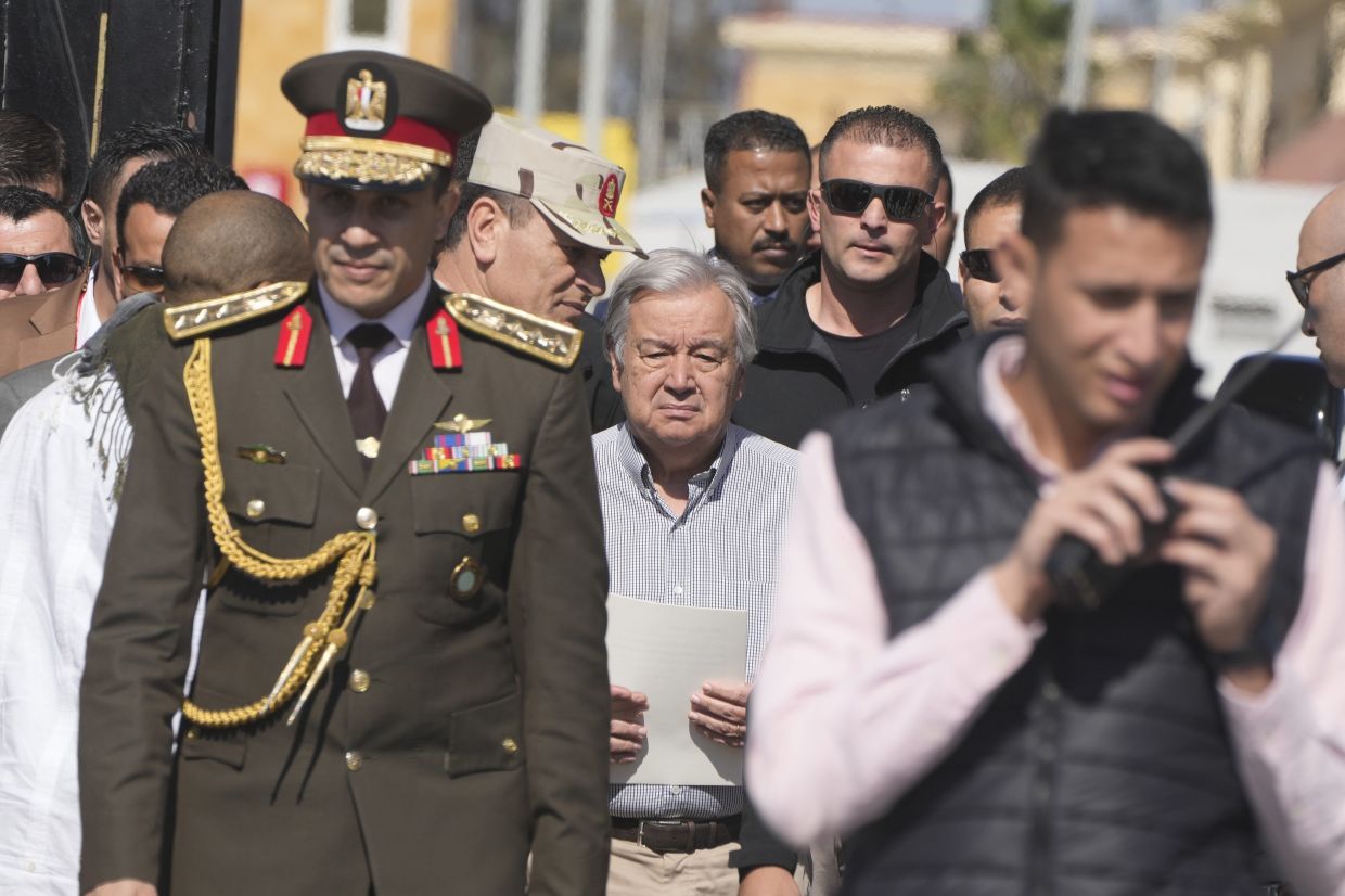 United Nations Secretary General Antonio Guterres visits the Rafah border crossing between Egypt and the Gaza Strip, Saturday, March 23, 2024. - AP
