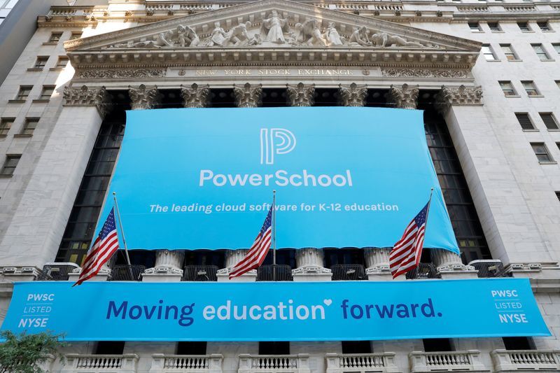 Signage for PowerSchool NYSEPWSC is seen ahead of their Initial public offering IPO at the New York Stock Exchange NYSE in New York City New York U.S. July 28 2021. REUTERSAndrew KellyFile photo