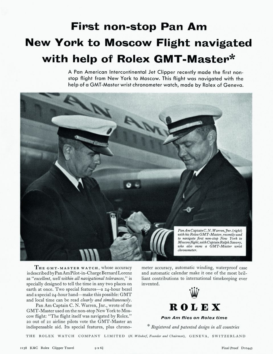 Rolex advertisement celebrating the first non-stop transatlantic flight from New York to Moscow operated by Pan Am, during which the captain, C. N. Warren, wore a GMT-Master.