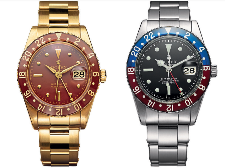 (left) GMT-Master, 18 ct yellow gold, brown Plexiglas insert, 1957, ref. 6542 and GMT-Master, stainless steel, red and blue Plexiglas insert, 1955, ref. 6542.
