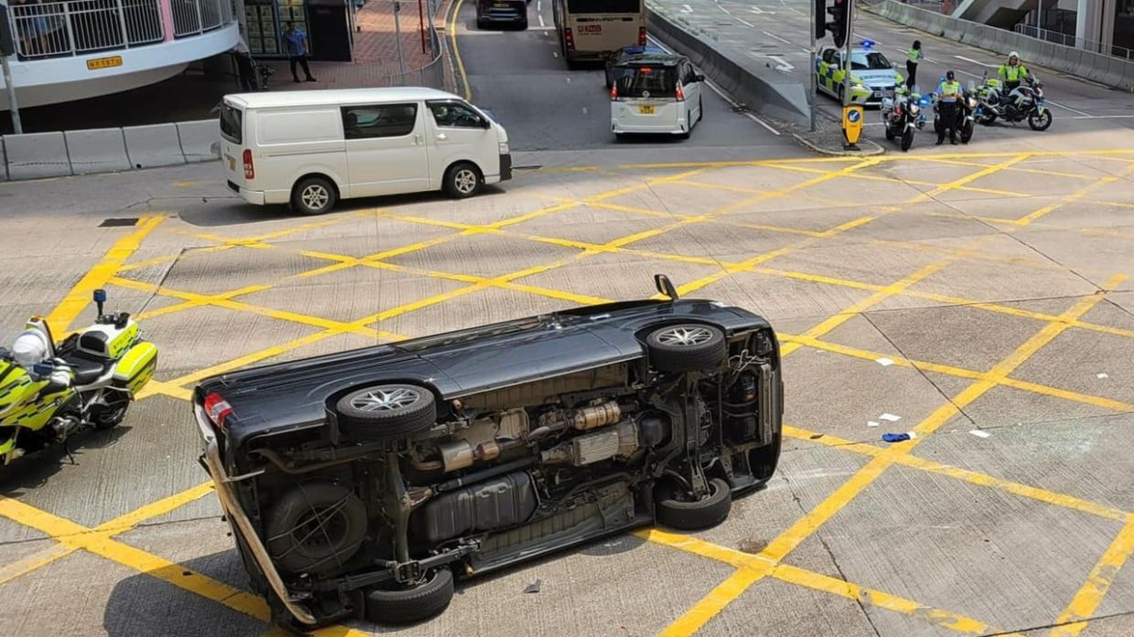 Driver escapes serious injury after van collides with truck, overturns ...