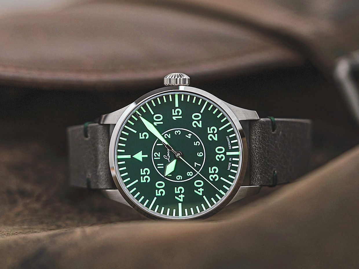 The luminous dial of Aachen Grün 42, Laco’s summer limited-edition pilot watch.
