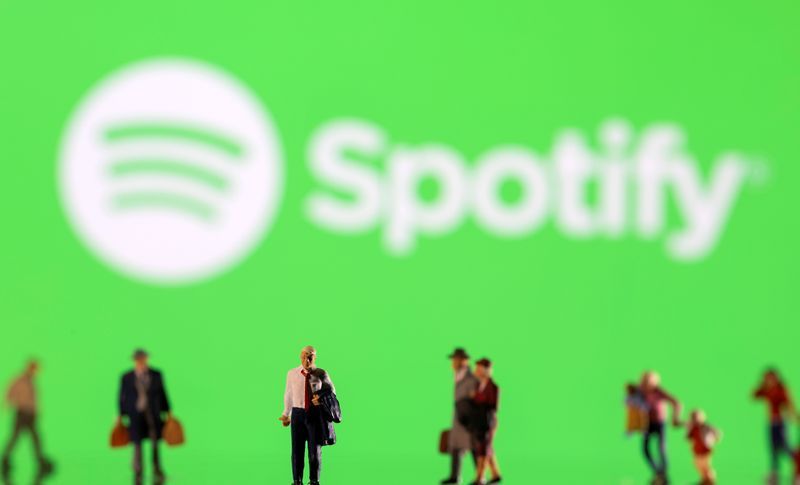 FILE PHOTO Small figurines are seen in front of displayed Spotify logo in this illustration taken February 11 2022. REUTERSDado RuvicIlustrationFile Photo