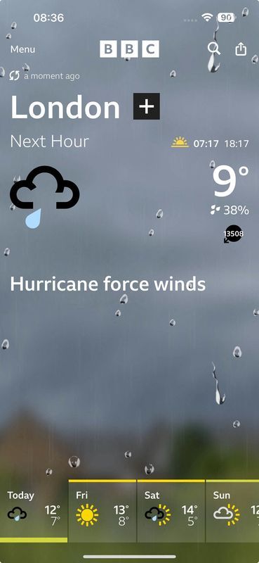 The BBC Weather App shows winds at 13508 mph in London Britain in this screengrab taken on October 10 2024. BBC Weather AppHandout via REUTERS   