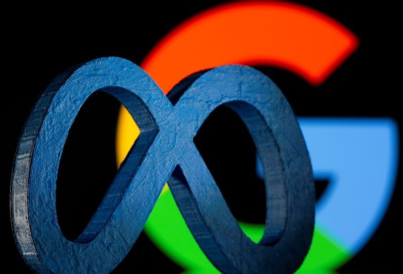 FILE PHOTO A 3D printed Facebooks new rebrand logo Meta is seen in front of displayed Google logo in this illustration taken on November 2 2021. REUTERSDado RuvicIllustrationFile Photo