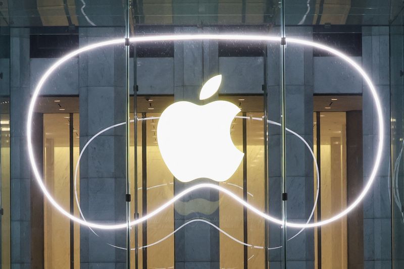FILE PHOTO A logo is pictured outside the Apple Fifth Avenue store as Apples Vision Pro headset is presented there in Manhattan in New York City U.S. February 2 2024. REUTERSBrendan McDermidFile Photo