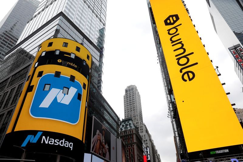 Displays outside the Nasdaq MarketSite are pictured as dating app operator Bumble Inc. BMBL made its debut on the Nasdaq stock exchange during the companys IPO in New York City New York U.S. February 11 2021. REUTERSMike SegarFile Photo