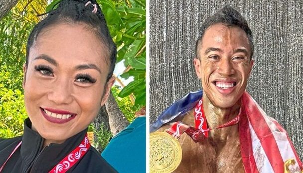 Winners all: Philomena Dexclyn Siar (left) and Ahmad Faiz Ariffin won gold medals at the World Bodybuilding and Sports Physique Championships in Maldives.
