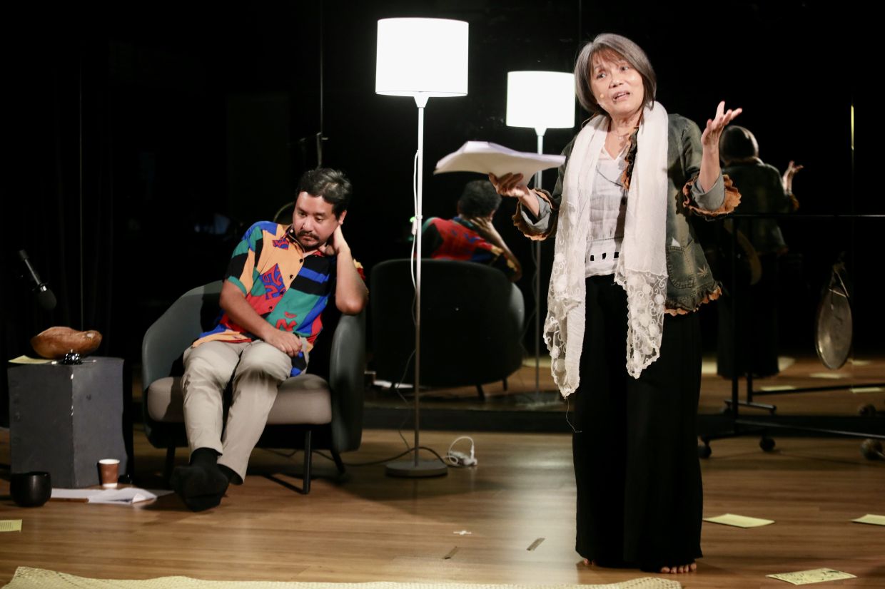 A rehearsal for 'Mortal Man: Two Monologues' at Five Arts Centre marks Leow’s rare return to the stage, performing alongside musician and actor Faiq Syazwan Kuhiri. Photo: The Star/Low Lay Phon 