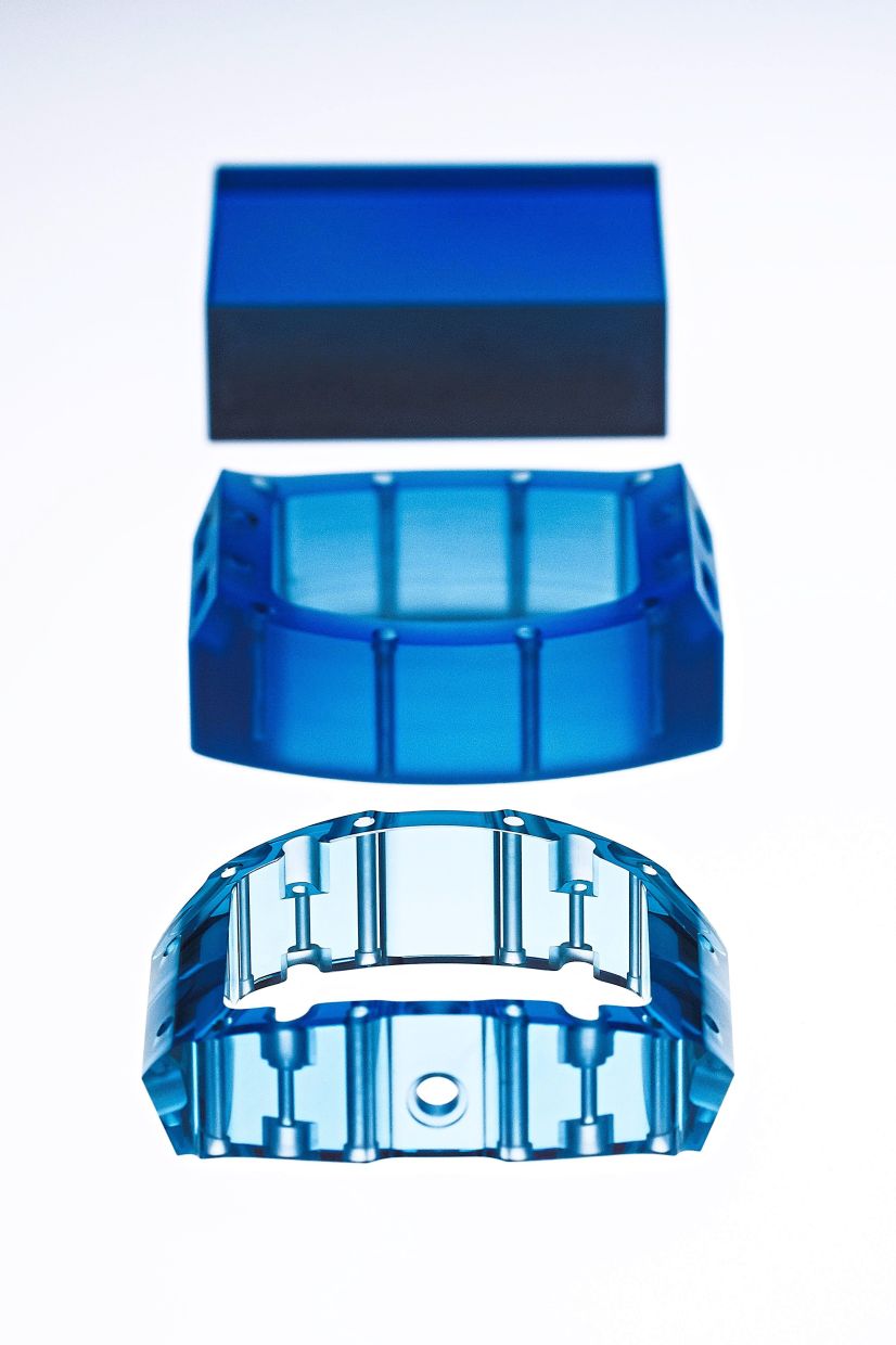 The case is crafted from a single block of coloured sapphire.