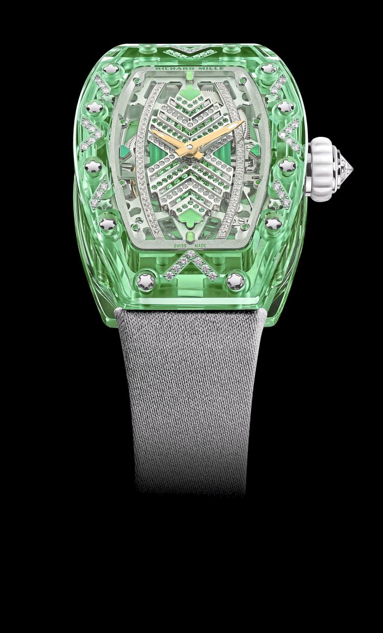 Richard Mille’s RM 07-02 Automatic Sapphire is limited to seven for each of the four versions. This one is gem-set Green Sapphire.