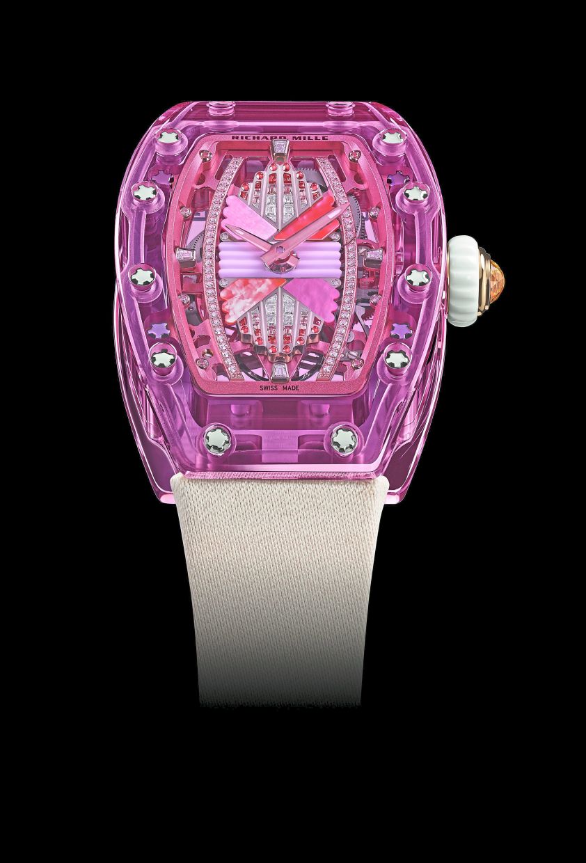 The lilac version of RM 07 -02 Automatic Sapphire. The collection has a skeletonised automatic-winding in-house movement.