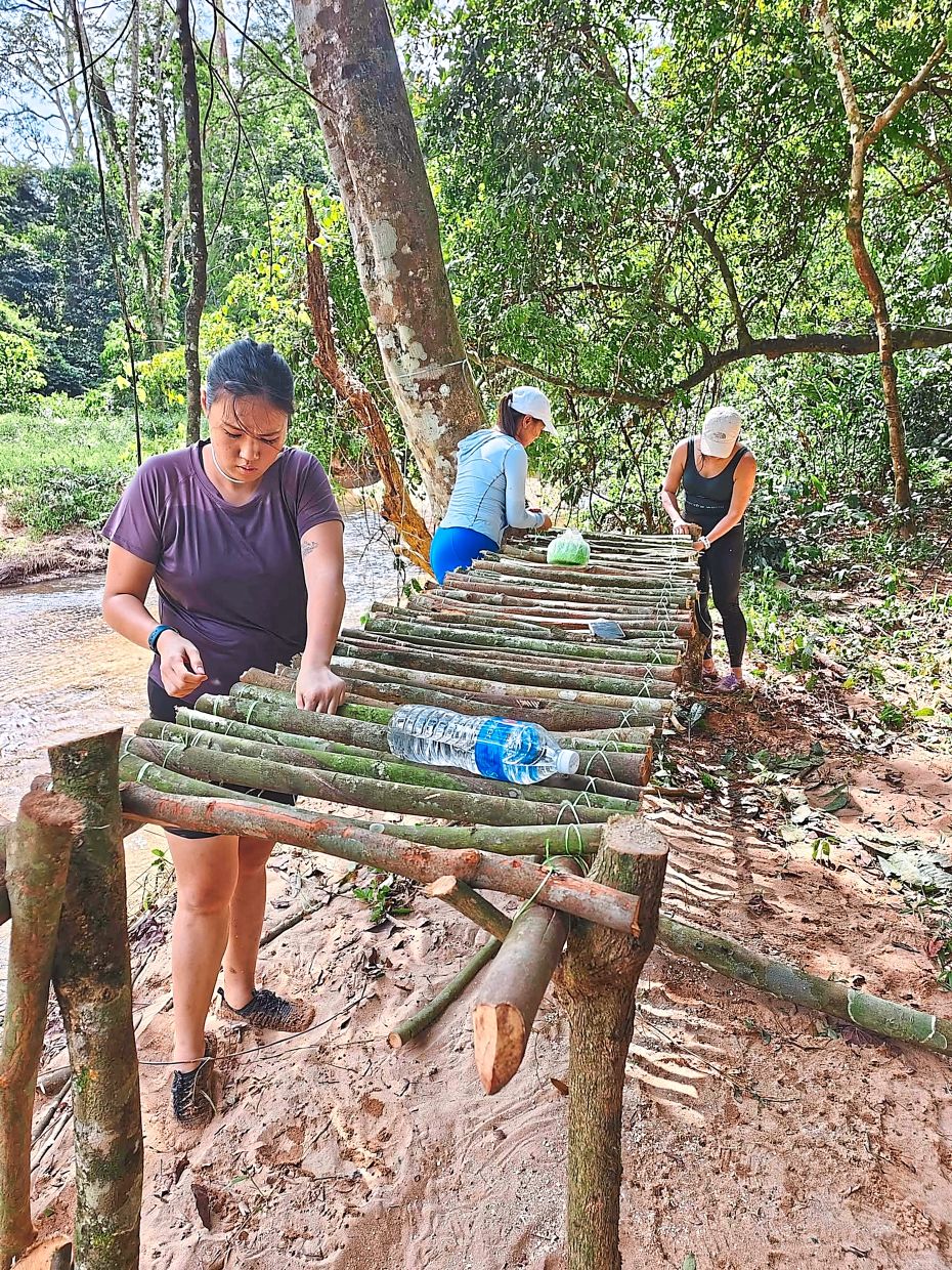A makeshift table made out of chopped tree saplings.