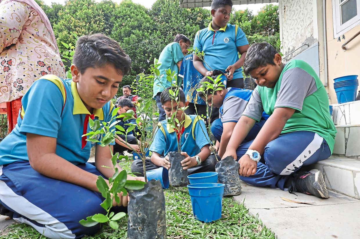 SJKT Subramaniya Barathee students preparing tree saplings for planting.