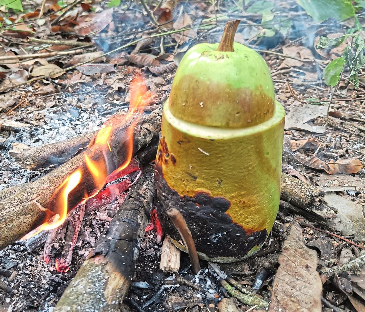 Two hours by the fire and the calabash blackened and softened to a pudding-like texture, releasing a burnt aroma.