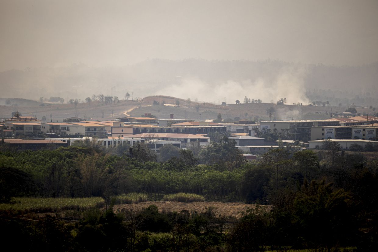 KK Park, a scam center compound in Myanmar known for torture, as seen from across the border in Tak, Thailand, Feb. 22, 2025. Tens of thousands of people from dozens of nations have been trafficked to cyberfraud hubs in Myanmar, where they must con victims or endure brutal punishment.
