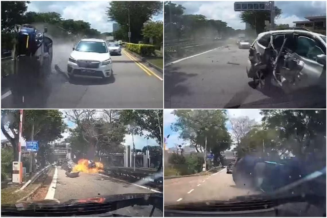 In videos of the accident, a cobalt blue Porsche blows past several cars at high speed on the extreme right lane. The Porsche bounces in mid-air, before finally stopping at an angle on the road divider. -- PHOTOS: SCREENGRABS FROM FACEBOOK
