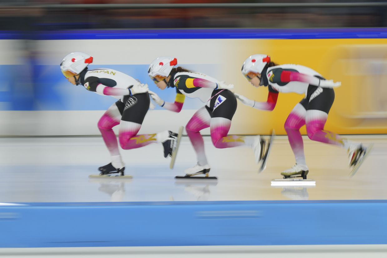 Team Japan in action during the women team pursuit race of the World Cup Speedskating at the Thialf ice arena in Heerenveen, northern Netherlands, Sunday, March 2, 2025. -- AP Photo / Peter Dejong