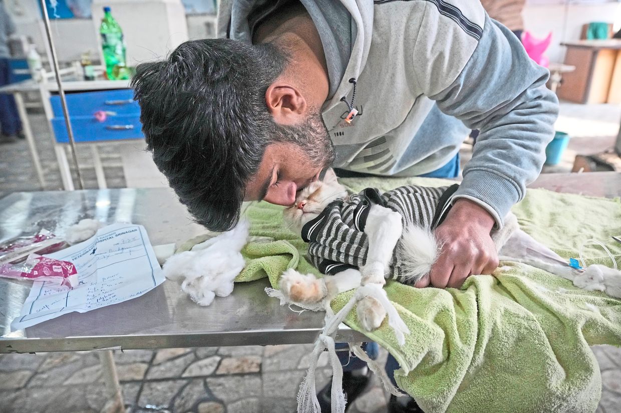Fazan kissing his pet cat Luna at the veterinary hospital. — AP