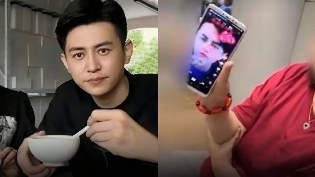 Jin Dong, left, and a woman fan showing one of the deepfake copies of his persona on a mobile phone. - Photo: Weibo