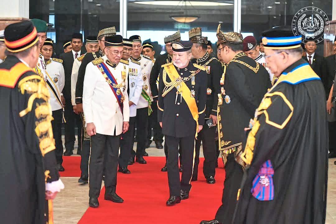 Sultan Ibrahim with Prime Minister Datuk Seri Anwar Ibrahim at the opening of the first meeting of the fourth session of the 15th Parliament at the Parliament building in Kuala Lumpur in February.