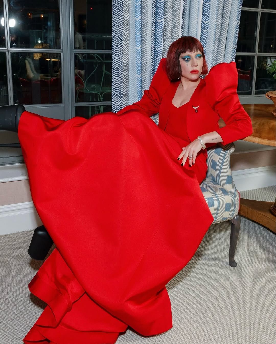 She wears a dress with an unconventional silhouette to promote Joker: Folie A Deux. Photo: Instagram/Lady Gaga