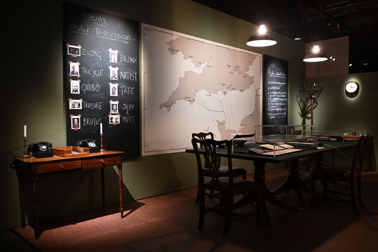 A recreation of the double cross operation room from circa 1944, displayed at the 'MI5: Official Secrets' exhibition at the National Archives in London. Photo: AFP 