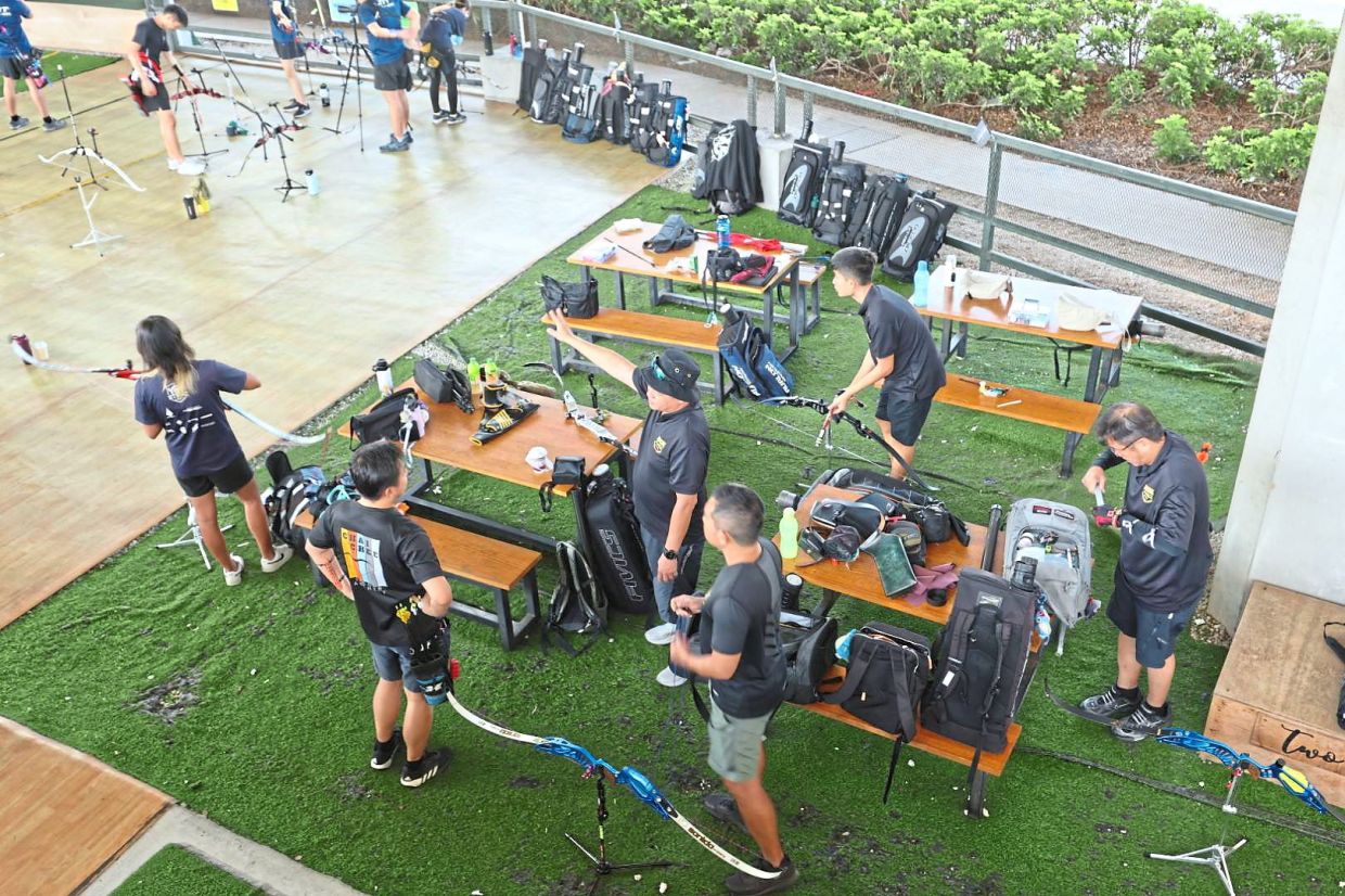 A small area allotted for archers to prepare their equipment at the range.