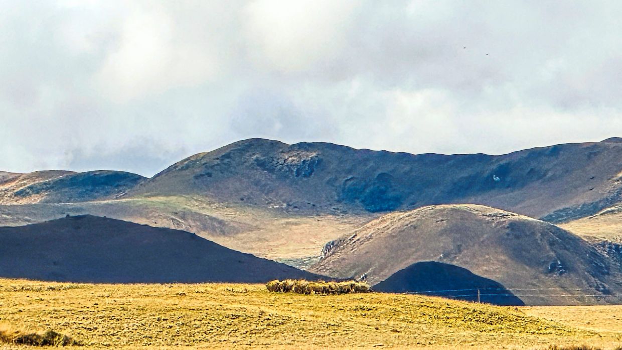 Golden light spilling over the rolling highlands of Antisana, where the Andean paramo stretches in quiet, rugged majesty beneath a moody sky. 