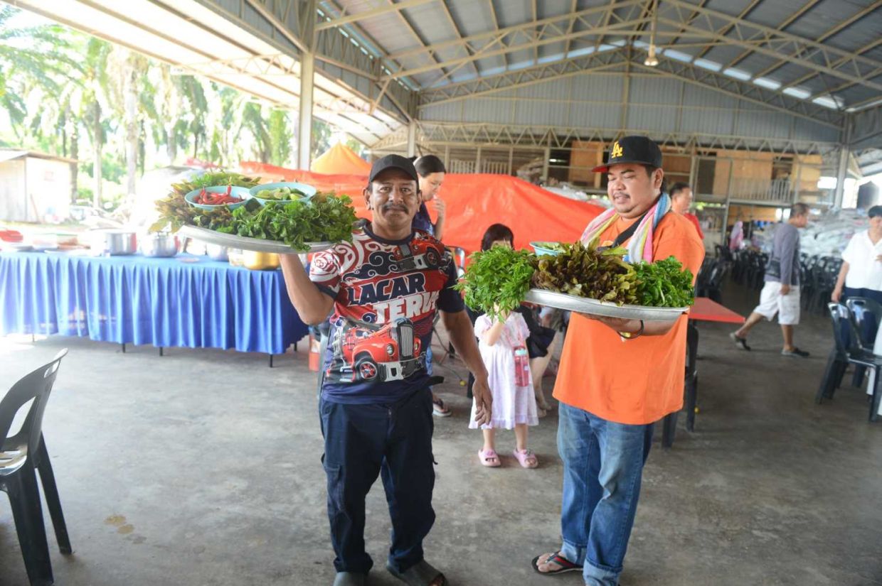 The kitchen crew preparing ulam and budu for guests at the kenduri for Khaw Fong Fong and Cheah Jiang Wei's wedding reception.