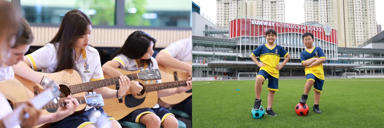 SIS provides dedicated spaces to nurture music enthusiasts (left) and enhance young learners’ skills to play football (right).