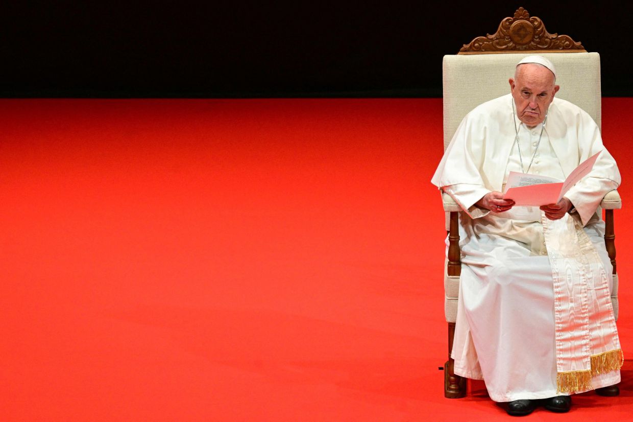 Pope Francis delivers his address at the Theatre of the University Cultural Centre in Singapore on September 12, 2024. Pope Francis died on Monday, April 21, 2025 announced The Vatican. -- Photo by Tiziana FABI / AFP