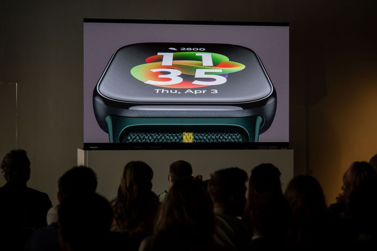 A Motorola Moto Watch Fit smartwatch displayed on screen during a media preview event in New York, US, on April 23, 2025. — Bloomberg