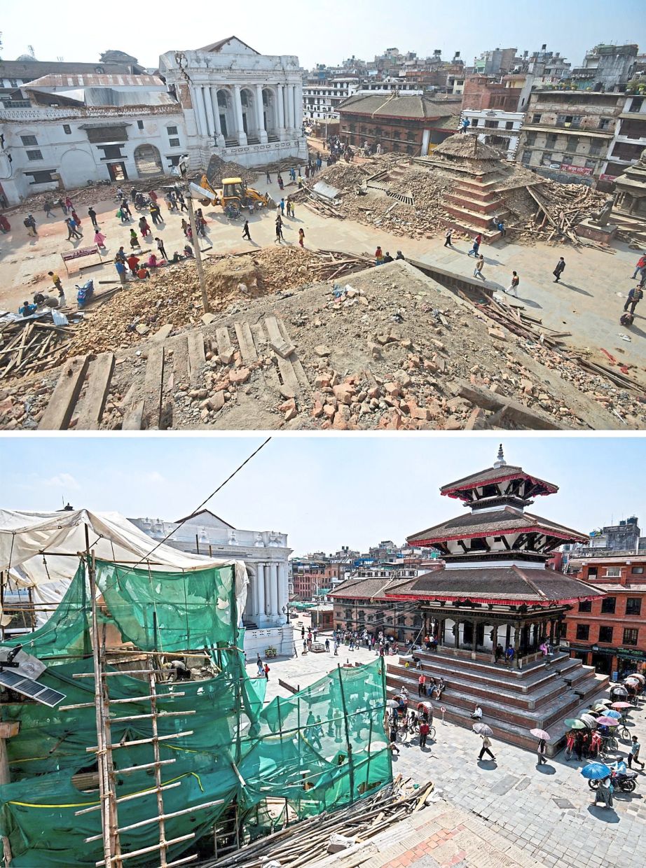 Rising from the rubble: A combination of pictures showing (top) remains of the Hanuman Dhoka Durbar Square in Kathmandu on April 28, 2015, three days after the 7.8-magnitude earthquake hit Nepal and (right) a labourer working inside an under-construction structure next to restored buildings at the same location on April 21, 2025. — AFP 