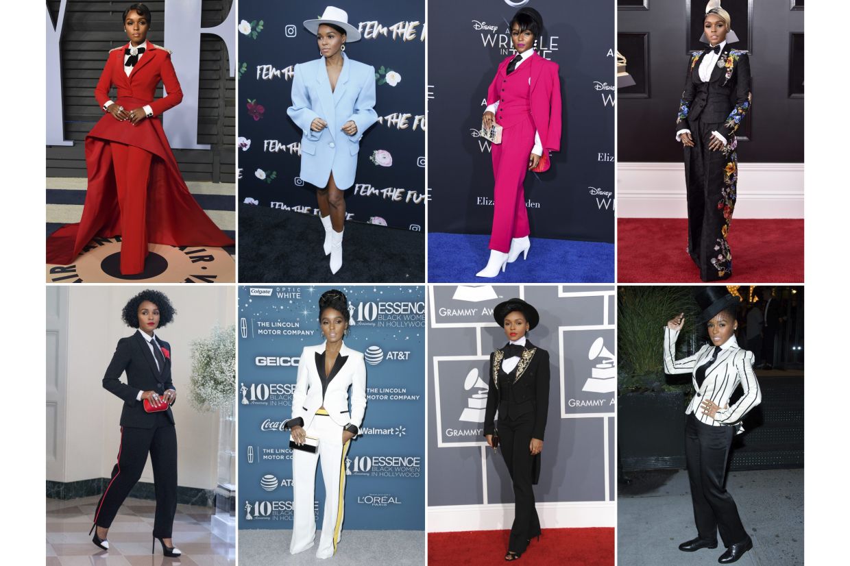 This combination of photos show various fashion work by actor-performer Janelle Monae. Photo: AP