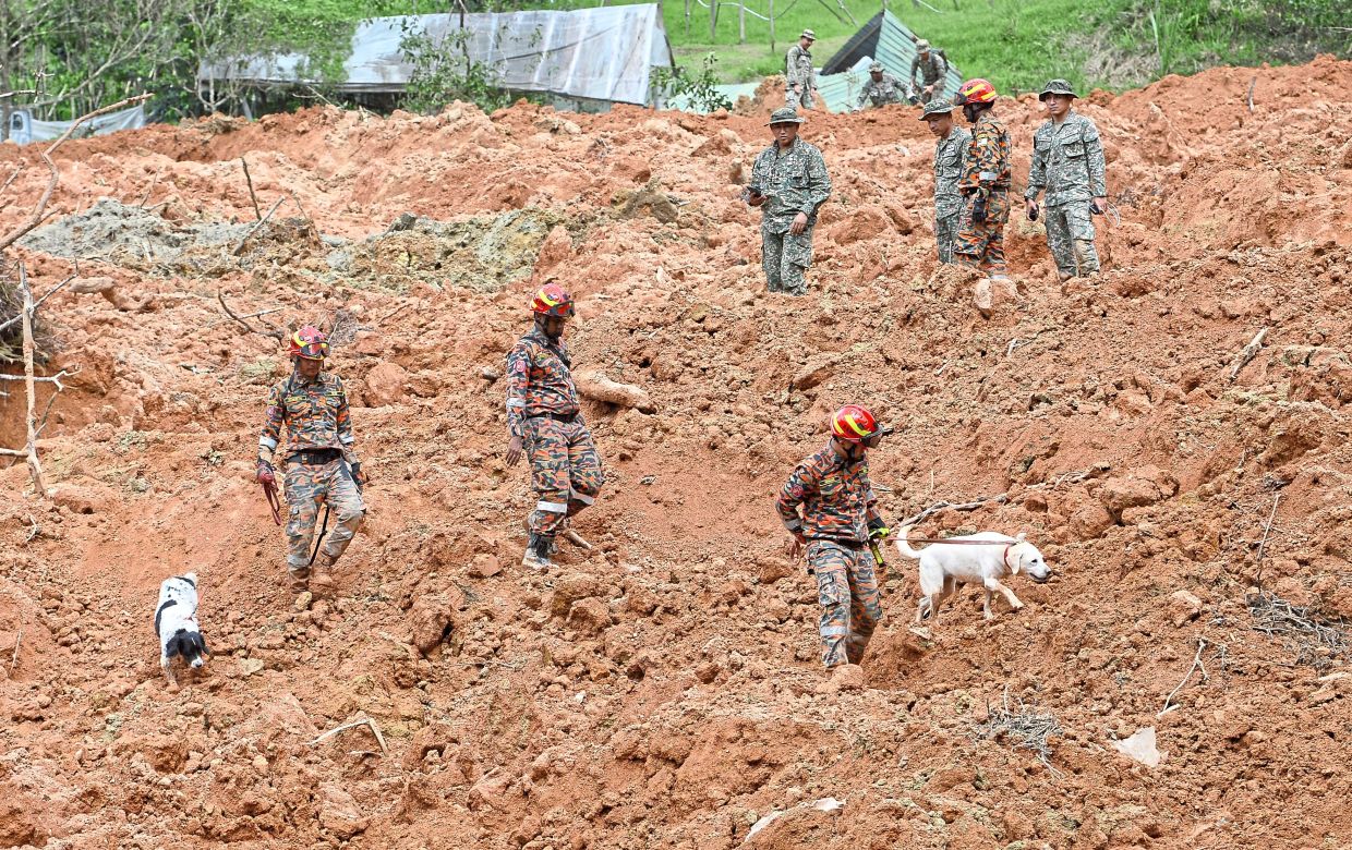 Fire and Rescue dogs and their handlers together with other first responders searching for the victims in the 2022 Batang Kali landslide.