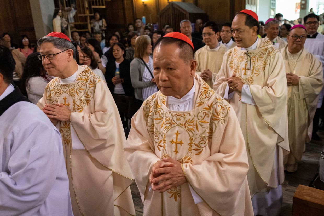 Filipino Cardinals Luis Antonio Tagle, Jose Advincula, and Pablo Virgilio David attend Sunday Mass at the Pontificio Collegio Filippino ahead of the Conclave and the election of the new pope, which will start on May 7, in Rome, Italy, on Sunday, May 4, 2025. -- Photo: REUTERS/Eloisa Lopez