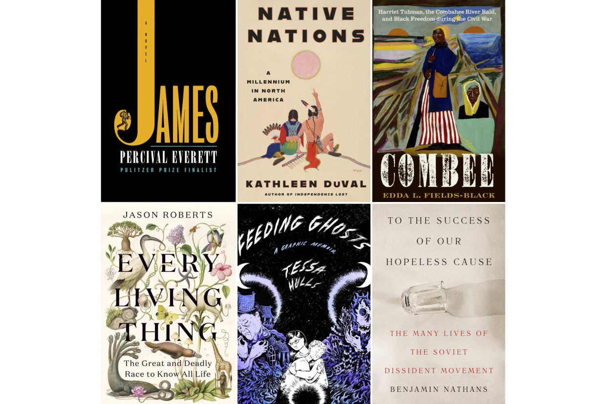 This combination of images shows Pulitzer winners, top row from left, 'James' by Everett, 'Native Nations' by DuVal , 'Combee' by Fields-Black, bottom row from left, 'Every Living Thing' by Roberts, 'Feeding Ghosts' by Hulls, and 'To The Success Of Our Hopeless Cause' by Nathans. Photo: AP