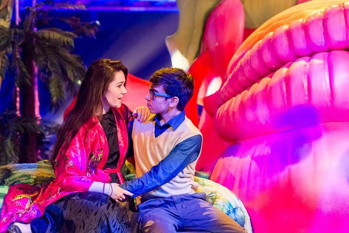Roberts (left) in a production of the musical Little Shop Of Horrors at Tanglin Trust School, located at Portsdown Road, in 2014. In the show, she played the female lead Audrey, opposite her schoolmate Kyle Portnoy (right), who acted in the role of Seymour. - TANGLIN TRUST SCHOOL